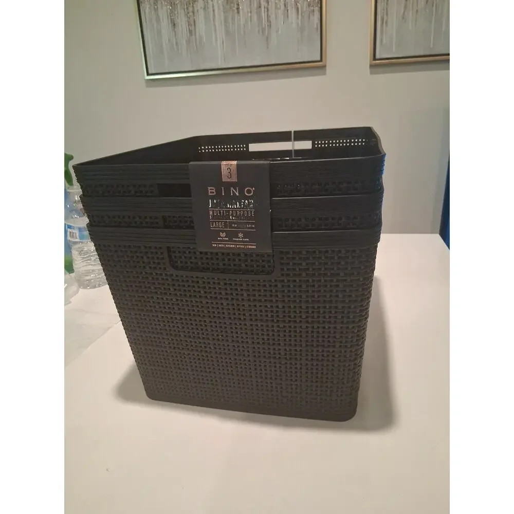 BINO Set of 3 Large Plastic Storage Baskets Multi-Purpose Organizers with...